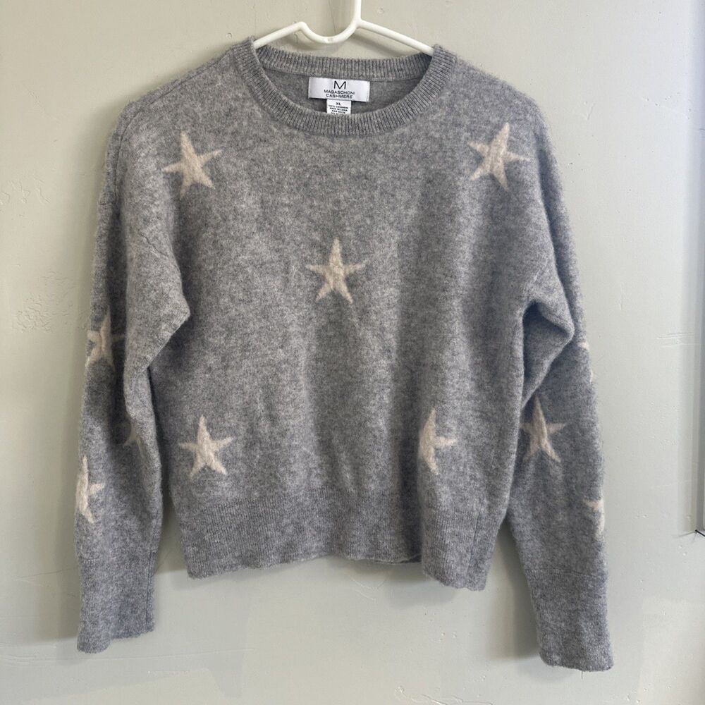 Magaschoni 100% Cashmere XL Stars Grey White Sweater